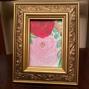 Antique Wooden Picture Frame with hand painted watercolor art